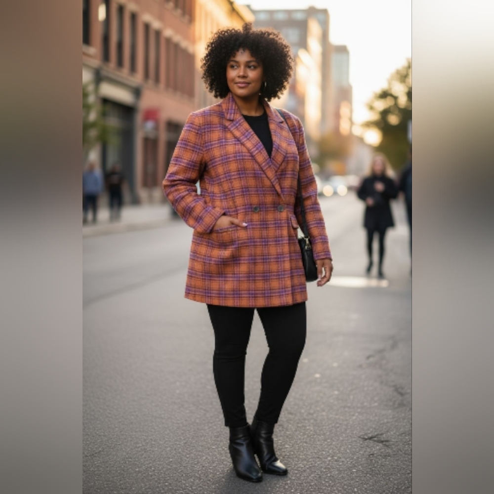 A New Day Plus Size Women's Orange Plaid Pea Coat NWOT